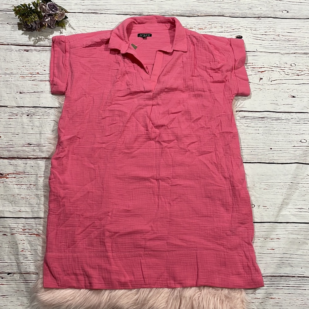 J. Crew Bubblegum Pink Short-Sleeve Gauze Shift Dress - Picture 2 of 9